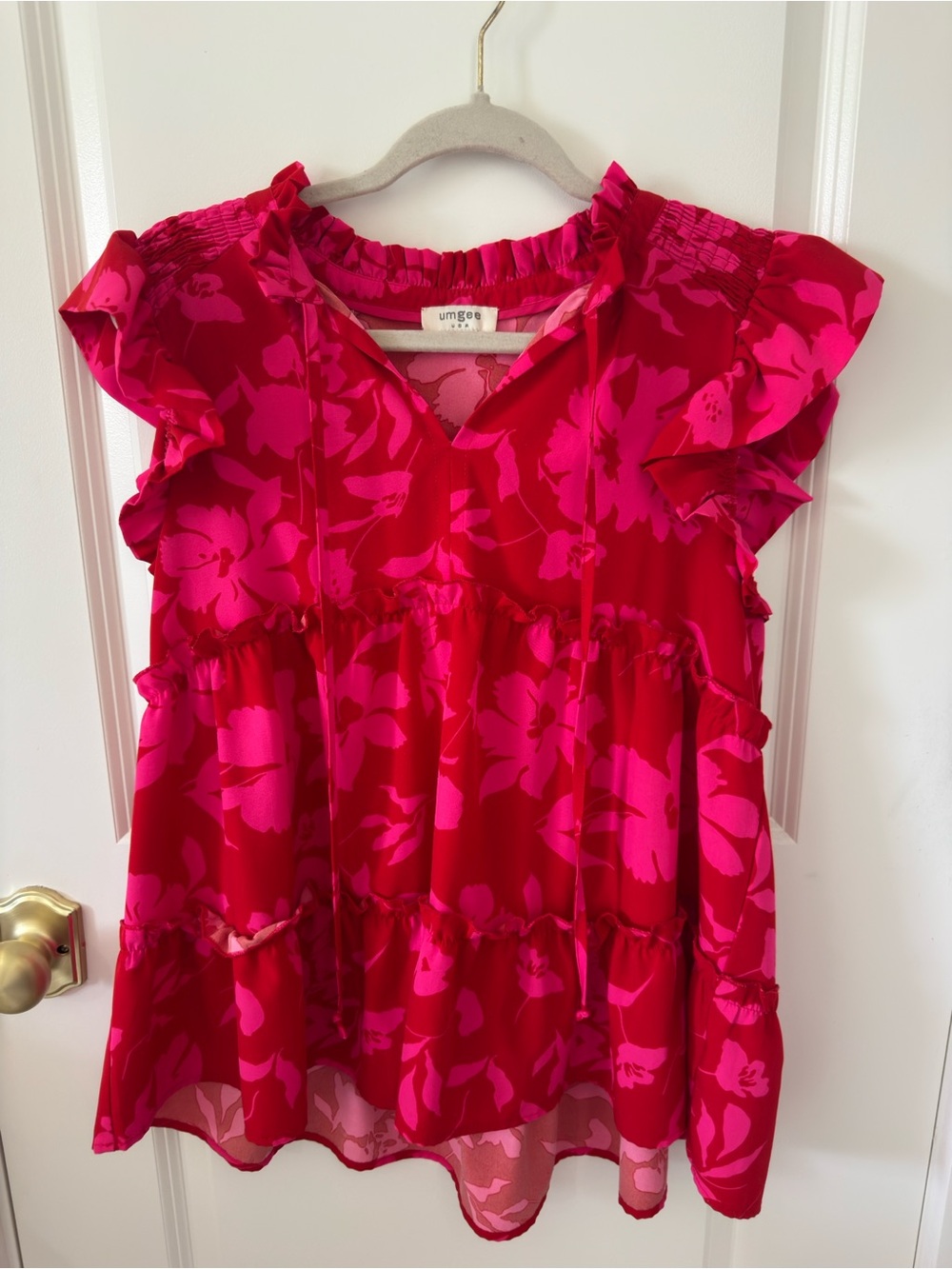 Umgee Pink and Hot Pink Floral Ruffle Sleeve Blouse